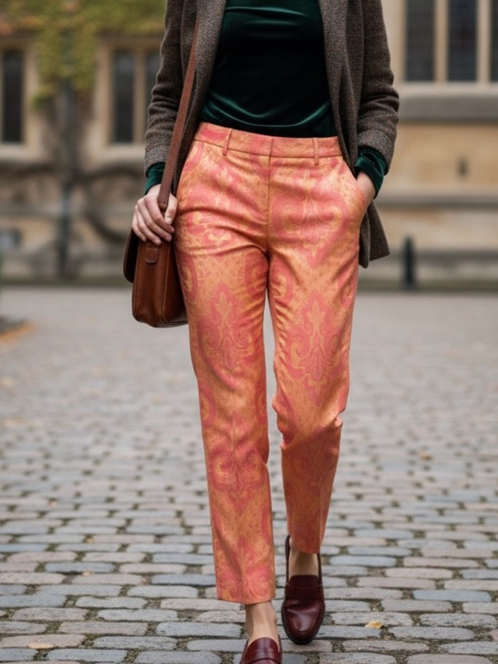 Express Editor Pants Silk-Blend Trouser Pink Peach Print Pant Y2K Fleur De Lis